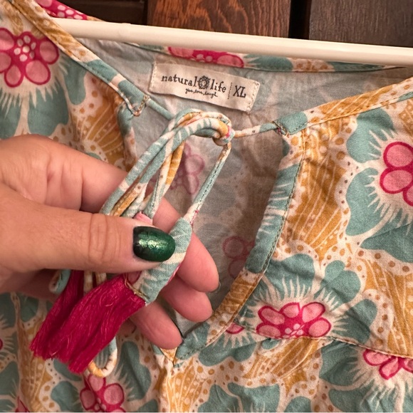 Natural Life Maribel Top Floral Mustard Teal Pink Tassels Elastic Sleeves Border - Picture 3 of 6